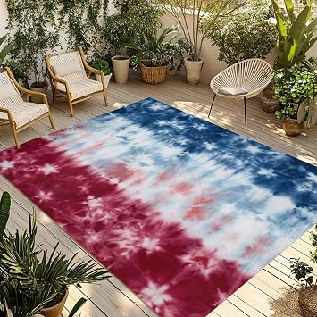 Outdoor Rug 6x9 Ft, Blue White Red Large Non Slip Area Rug, Outdoor Throw Rugs, Tie-dye American Flag Star Abstract Washable Indoor Outdoor Rugs for Patios/Porch/Deck