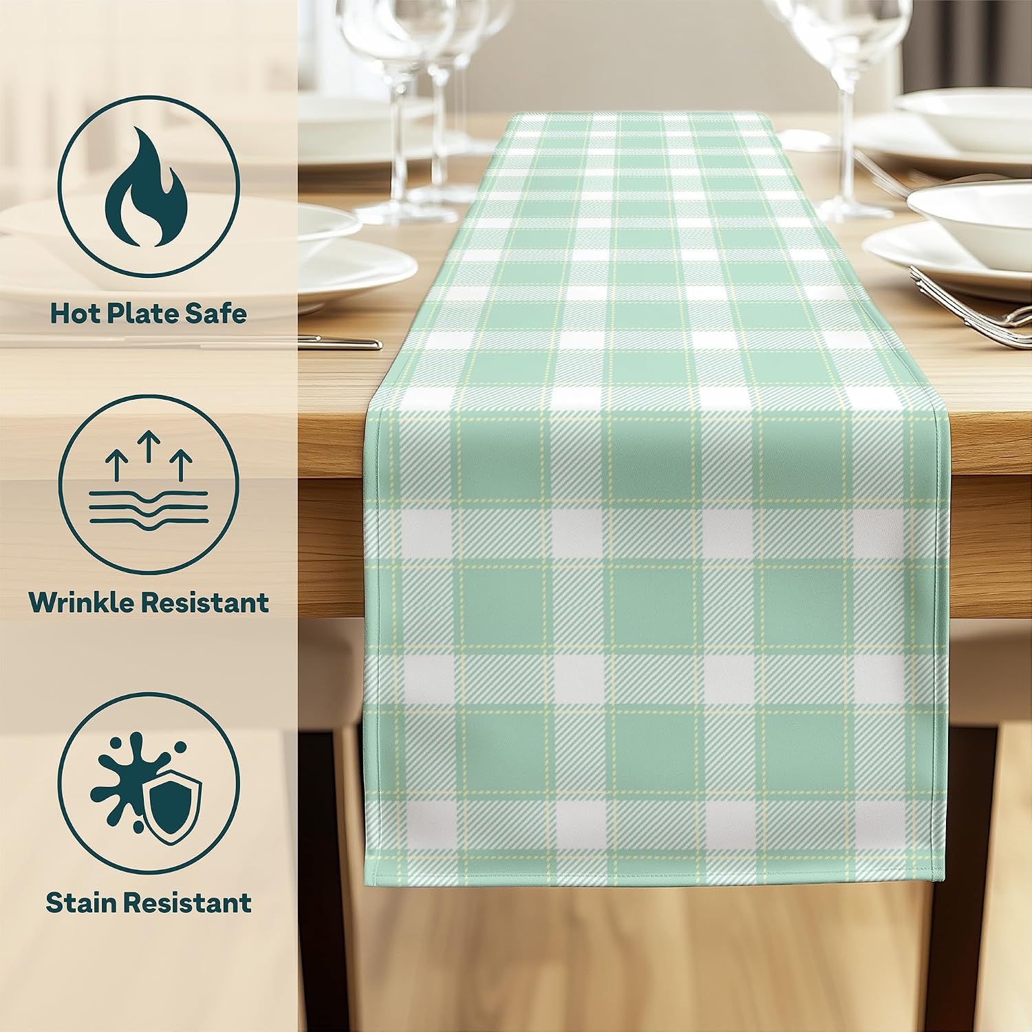 Plaid Table Runner | Made in America | Teal Yellow White Tartan Table Runner | Washable, Stain & Wrinkle Resistant | Summer Table Decorations for Home | 14 x 72 Inches Long