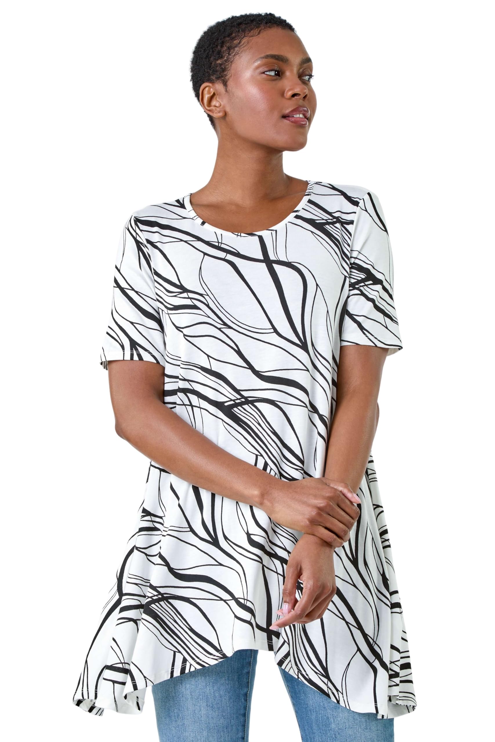 Roman Women's Ivory Abstract Hanky Hem Stretch Tunic Top Size 14