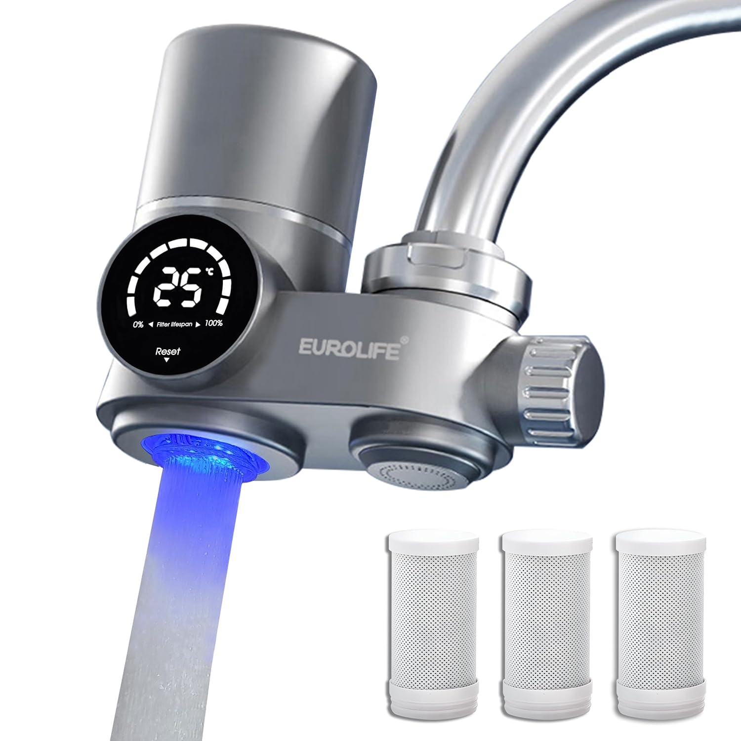 Combo Eurolife Faucet Mount Water Filter EL-LS-A13, LED Sink Water Filter with UV Light and Real Time Filter Life Indicator, Carbon Filter 8 Level fine Filtration, Extra More 2 Carbon Filter Included