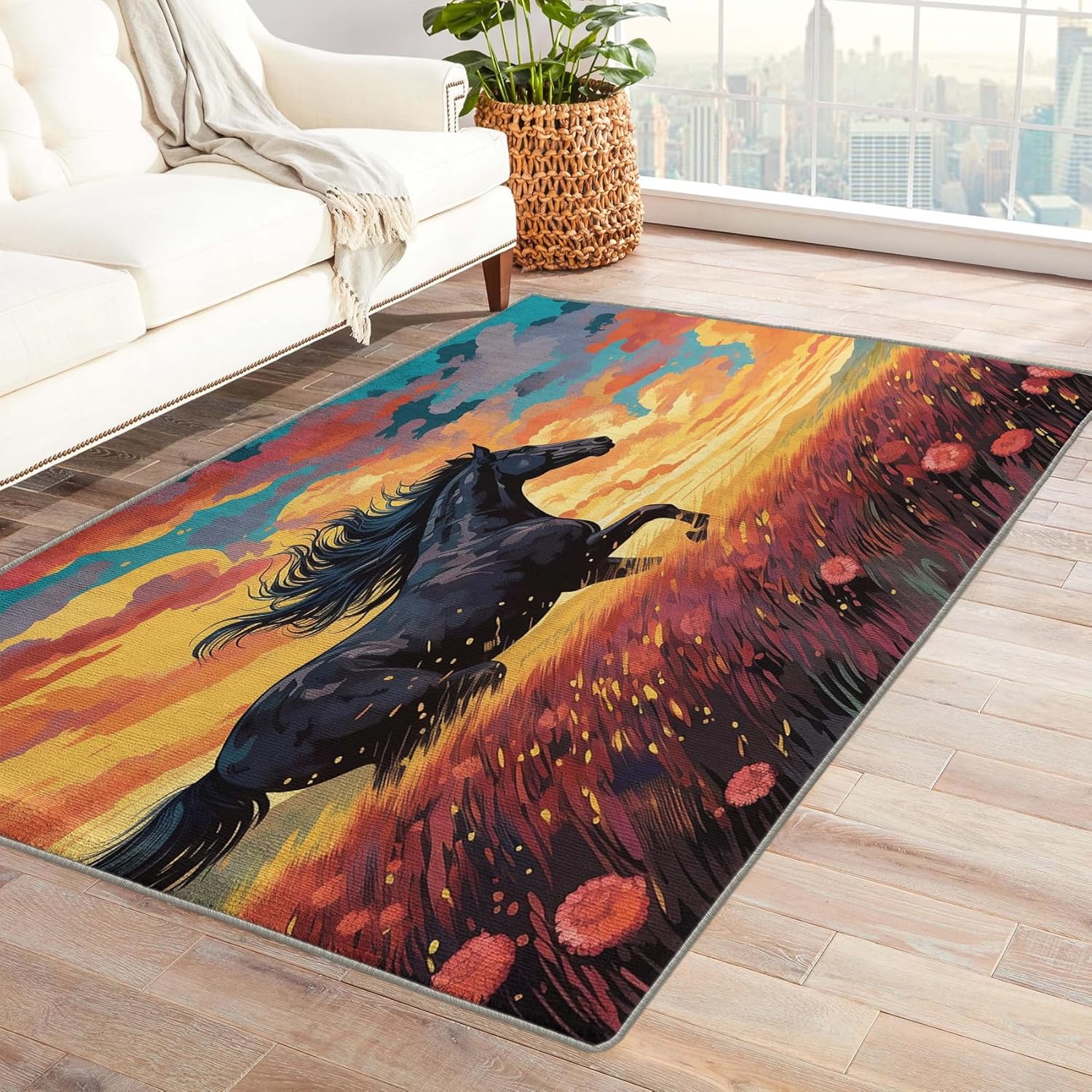 Black Horse Rug & Home Decor - 3x5 Rug, Galloping Horse Rugs for Living Room Bedroom, Western Carpet, Washable Non Slip Soft Low Pile Indoor Area Rug & Room Decor