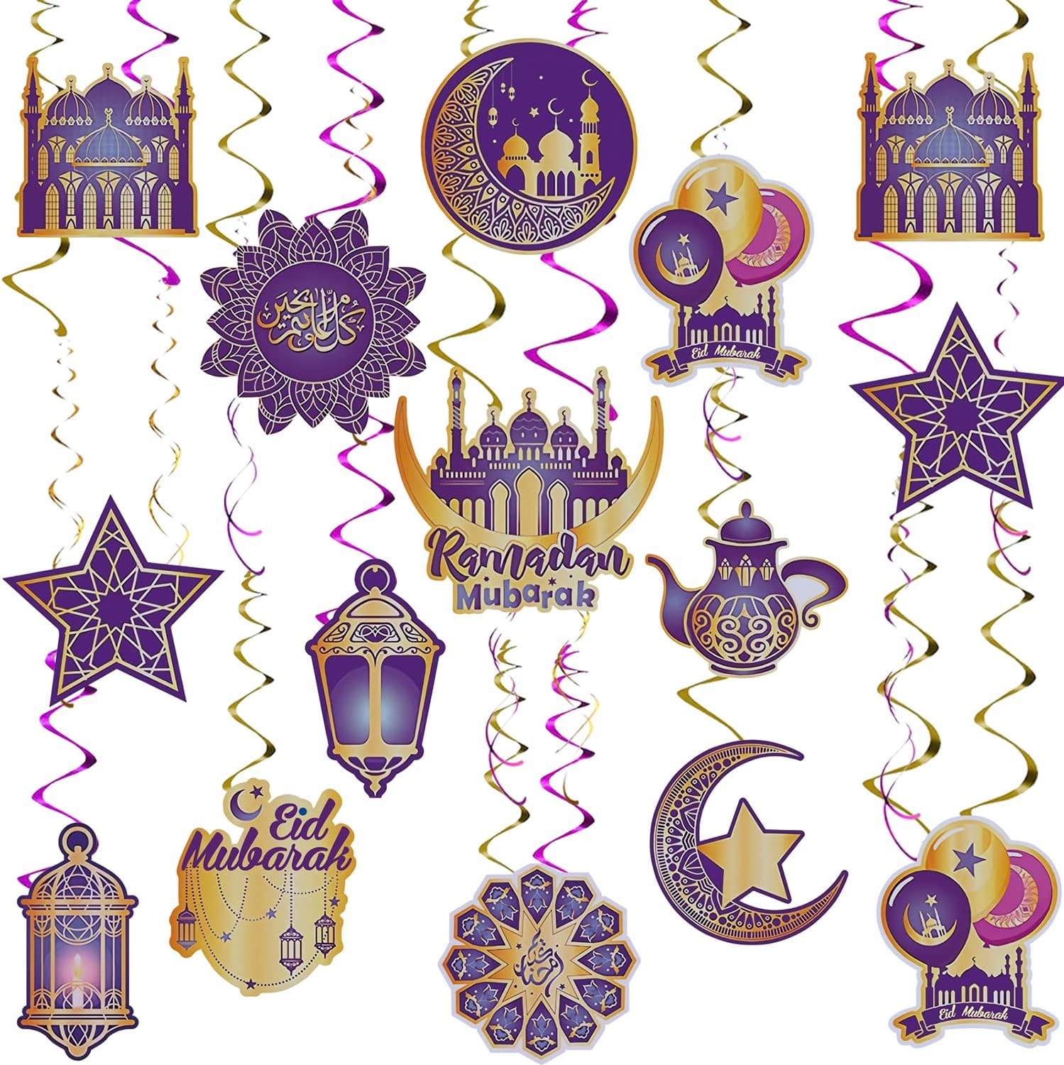 30 PCS Ramadan Hanging Swirl Decorations, Ramadan Decorations, Eid Mubarak Shining Star Moon Lantern Ceiling Foil Decor for Eid Party Holiday Decorations Supplies(Purple)