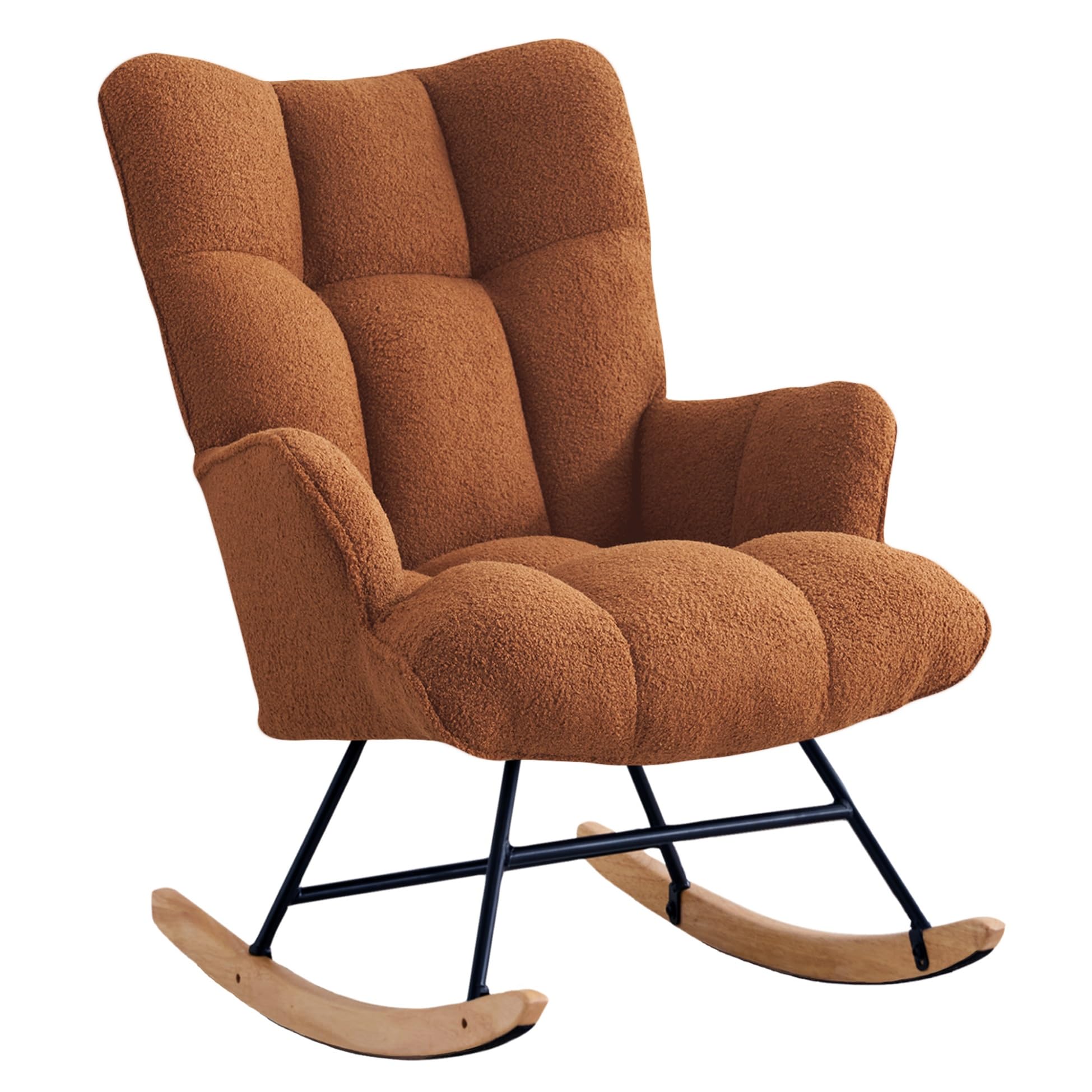 XH.Easy Go Rocking Chair Nursery Teddy Upholstered Glider Rocking Accent Chairs Padded Seat with Rubber Wood Legs Armchair Comfy Side Chair for Living Room Bedroom Offices (Brown)