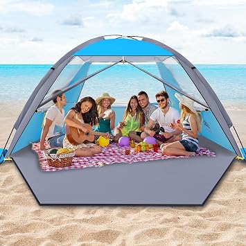 Happy Travel Beach Tent, UPF 50+ UV Protection Sun Shade Shelter for Family | 3/4/5/6 Person Portable Beach Canopy for Family & Baby, Lightweight & Easy Setup Beach Cabana with 3 Ventilation Mesh Windows
