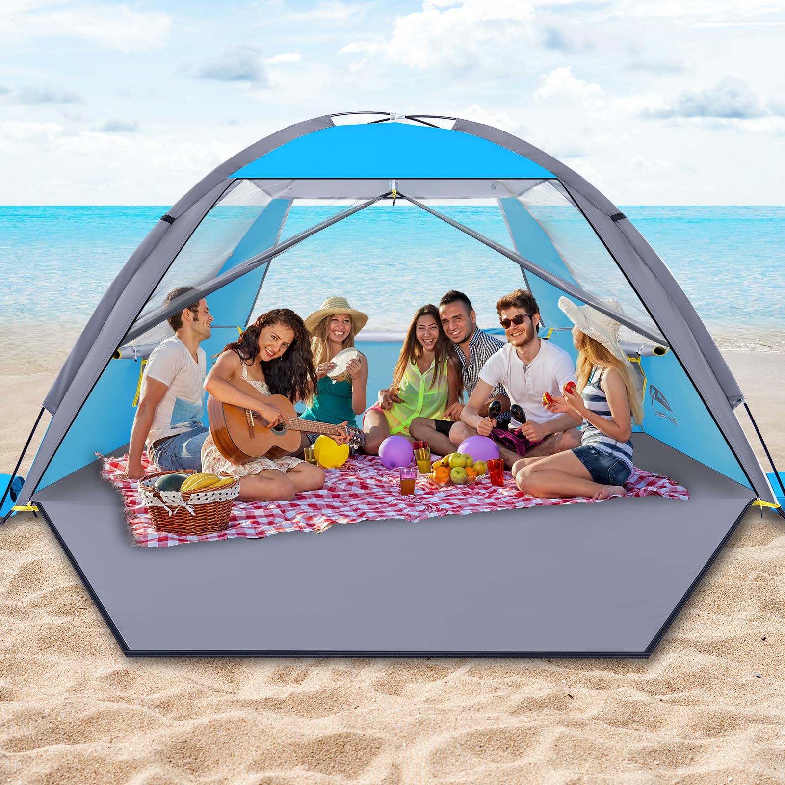 Happy Travel Beach Tent, UPF 50+ UV Protection Sun Shade Shelter for 3/4/5/6/7/8 Person, Portable Beach Canopy for Family & Baby, Lightweight & Easy Setup Beach Cabana with 3 Ventilation Mesh Windows