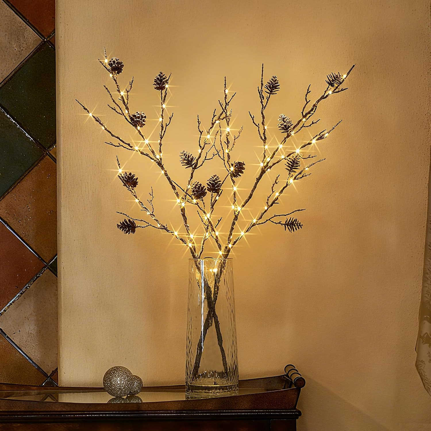 LITBLOOM Lighted Pine Cone Branches with Timer Battery Operated and USB Plug in 32IN, Lighted Willow Branches with 120 LED Lights for Table Fireplace Mantle Christmas Decoration