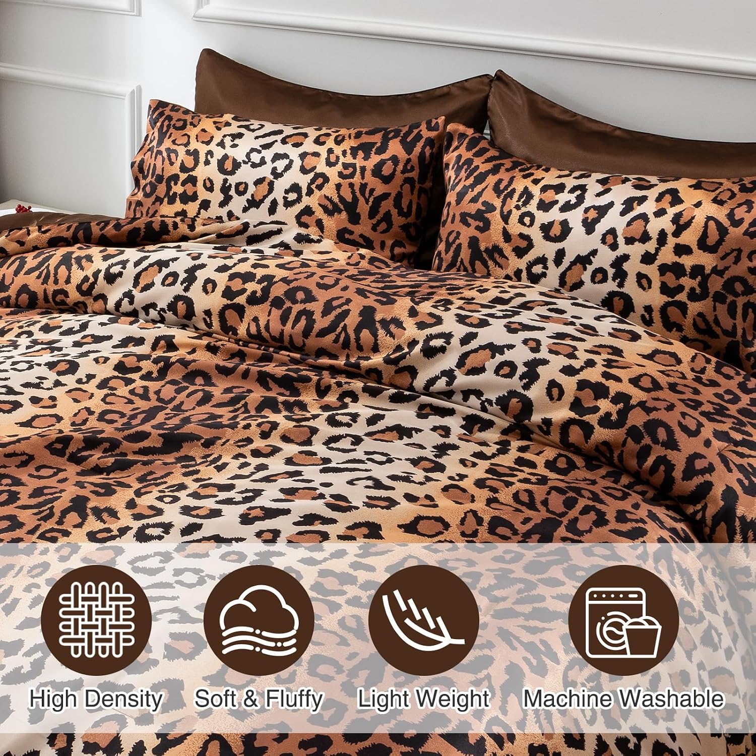 A Nice Night Leopard Printed，Coffee Brown Satin Silky Soft Quilt Sexy Luxury Super Soft Microfiber Comforter Quilt Bedding Comforter Set Full/Queen, Light Weighted (Coffee, Queen(88-by-88-inches))