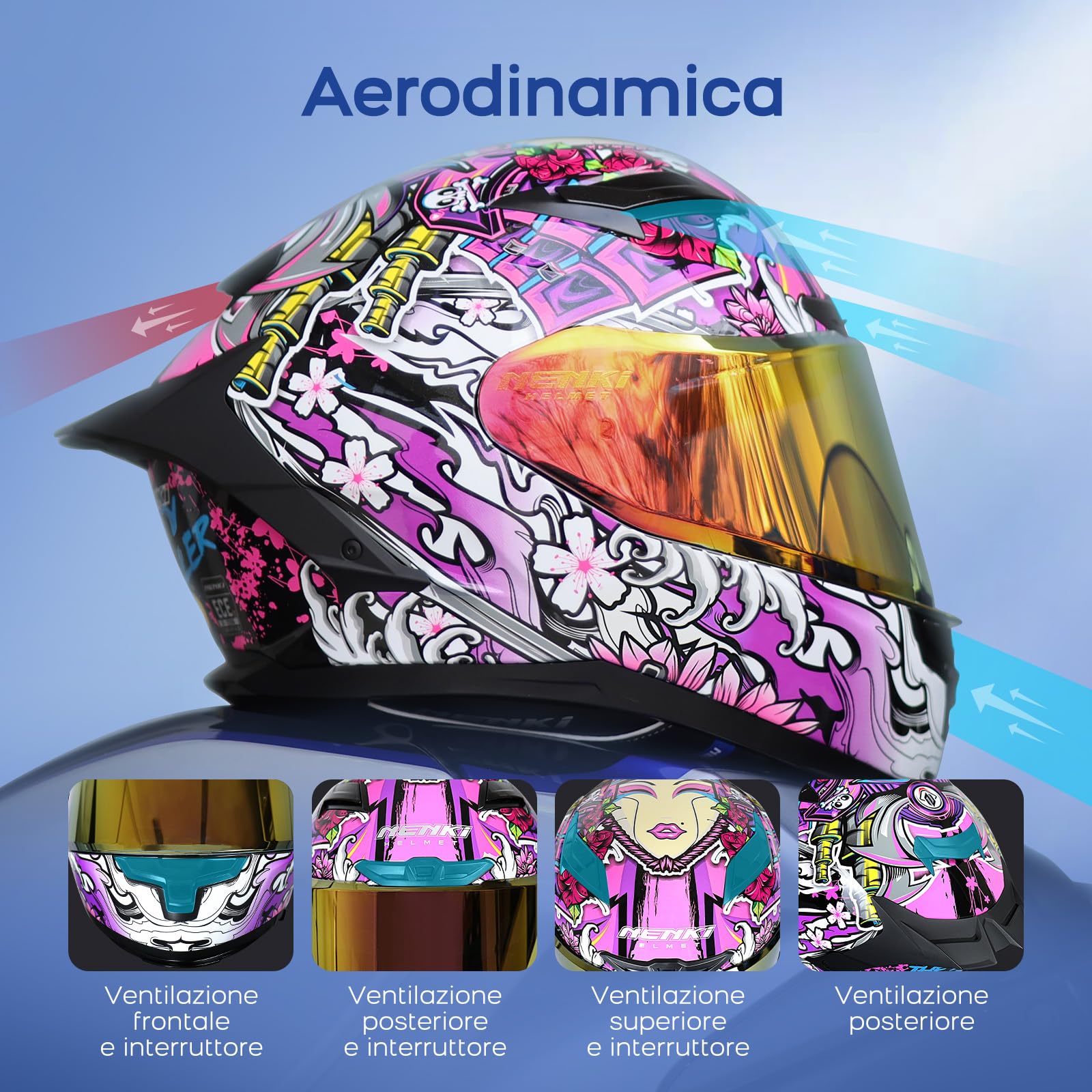 Casco moto per donna e uomo certificato ECE 22.06 - Caschi integrali con visiera parasole, sistema di ventilazione e imbottitura interna rimovibile