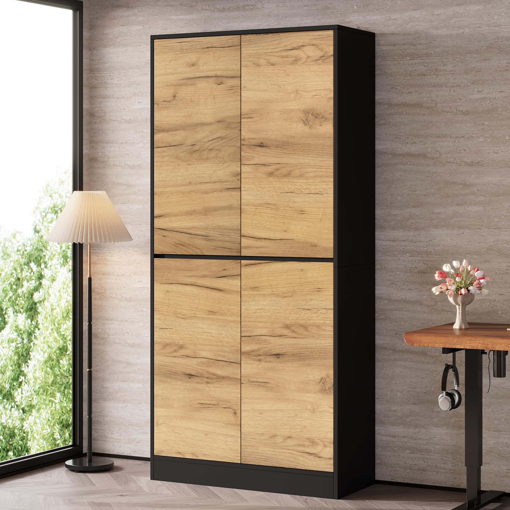 SUKY Armadietto per documenti, 80 x 35 x 180 cm, per ufficio, legno, rovere nero, ripiani regolabili, libreria, corridoio