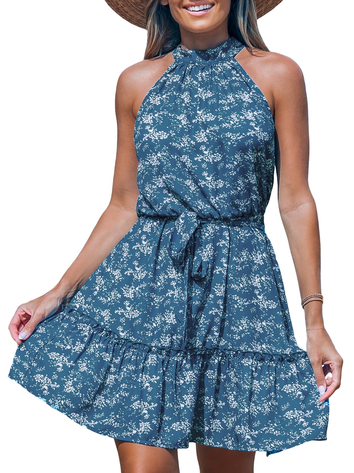 CUPSHE Women's Midi Dress – Halter Floral Sleeveless With Belt, Ruffled A-Line Summer Dress
