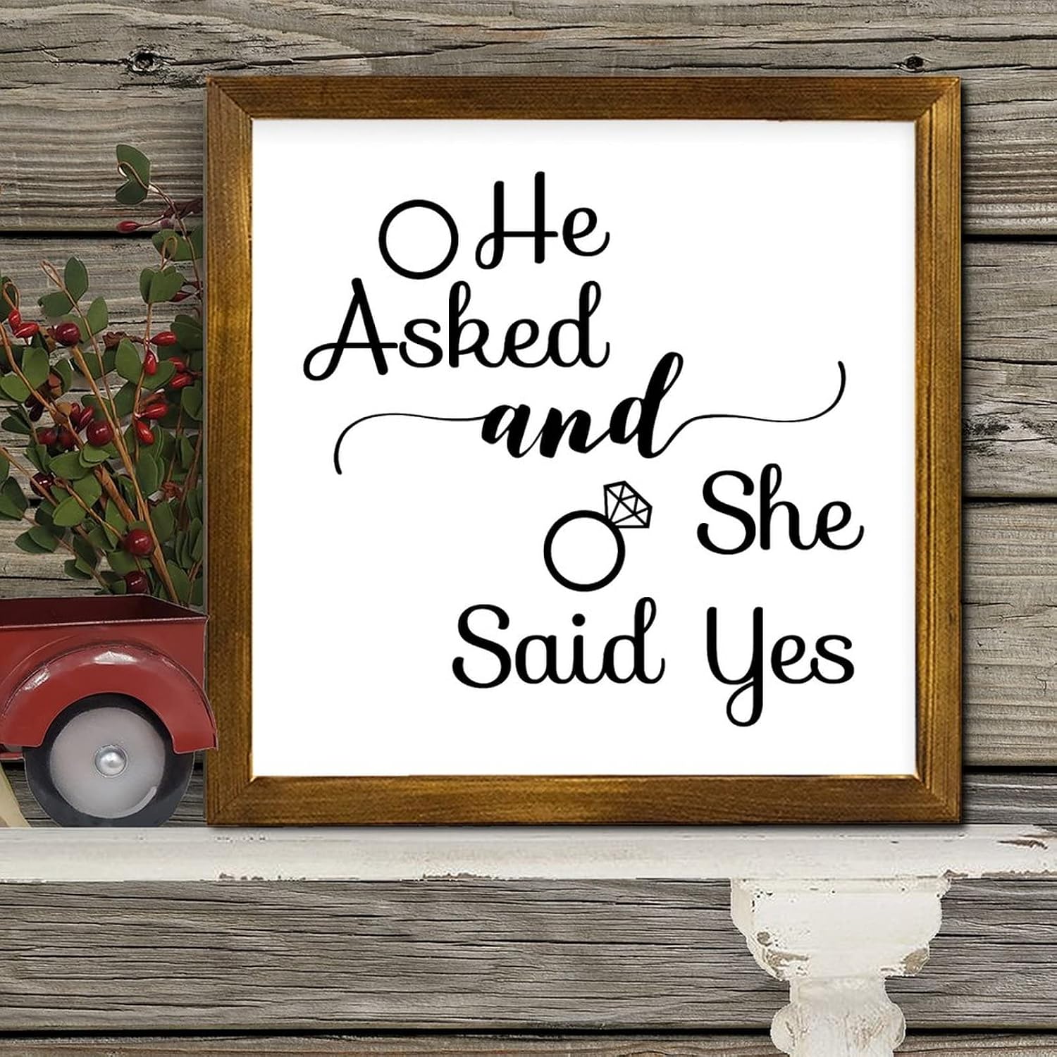 He Asked and She Said Yes Framed Wooden Sign Lettering Quotes Porch Sign Classic Wood Decor Farmhouse Wall Hanging Plaque for Home Bathroom Indoor Kitchen Garden Housewarming Gift 12x12 Inch