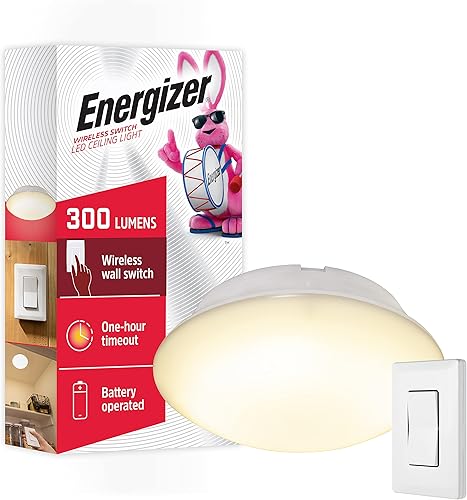 Energizer Lámpara de techo LED, funciona con pilas, control remoto de interruptor de pared, inalámbrica, 300 lúmenes, control remoto de hasta 50