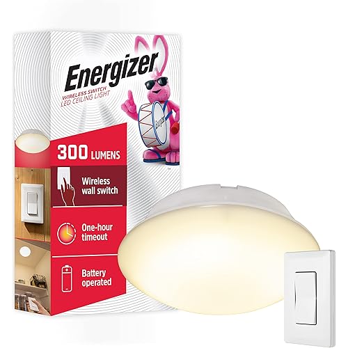 Energizer LED Ceiling Light Fixture, Battery Operated, Wireless Wall Switch Remote, 300 Lumens, Ceiling Light No Electricity, Perfect for Closets, Laundry Room, Garage, Shed and More, 58823-T1