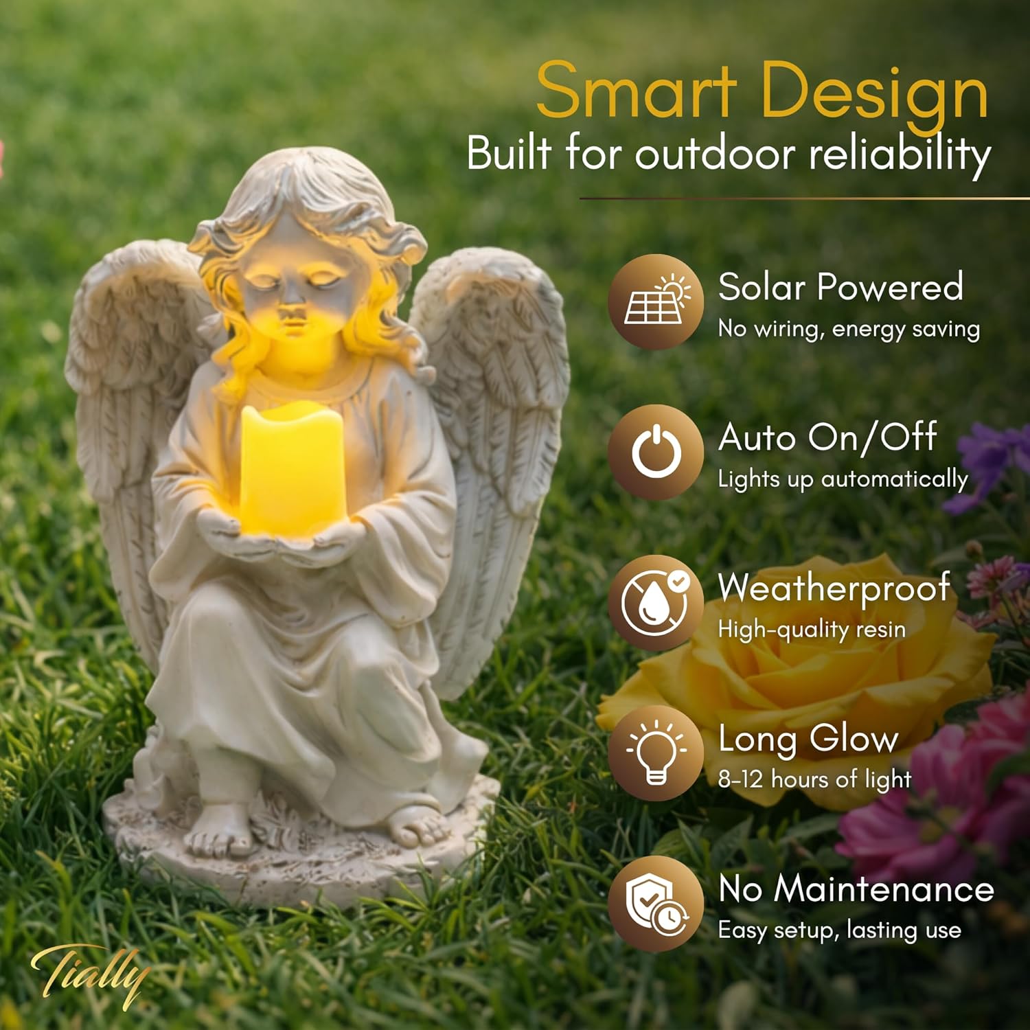TIALLY Solar Angel Garden Statue with Glowing Candle – Large Angel Figurines with Soft Glow, Weatherproof Outdoor Statues for Memorial Decor, Yard, Lawn or Cemetery Use, Angels Gifts for Women