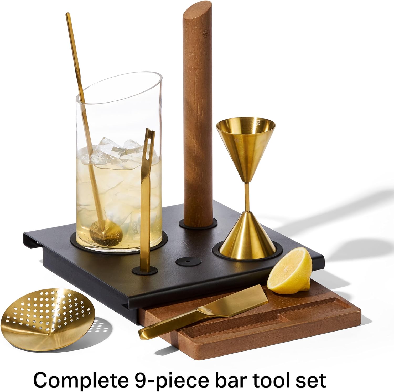 Rabbit 9-Piece Bar Tool Set with Prep Board, Mixing Glass, Strainer, Jigger, Channel Knife, Bar Spoon, Rubberwood Muddler, Citrus Knife and Storage Base