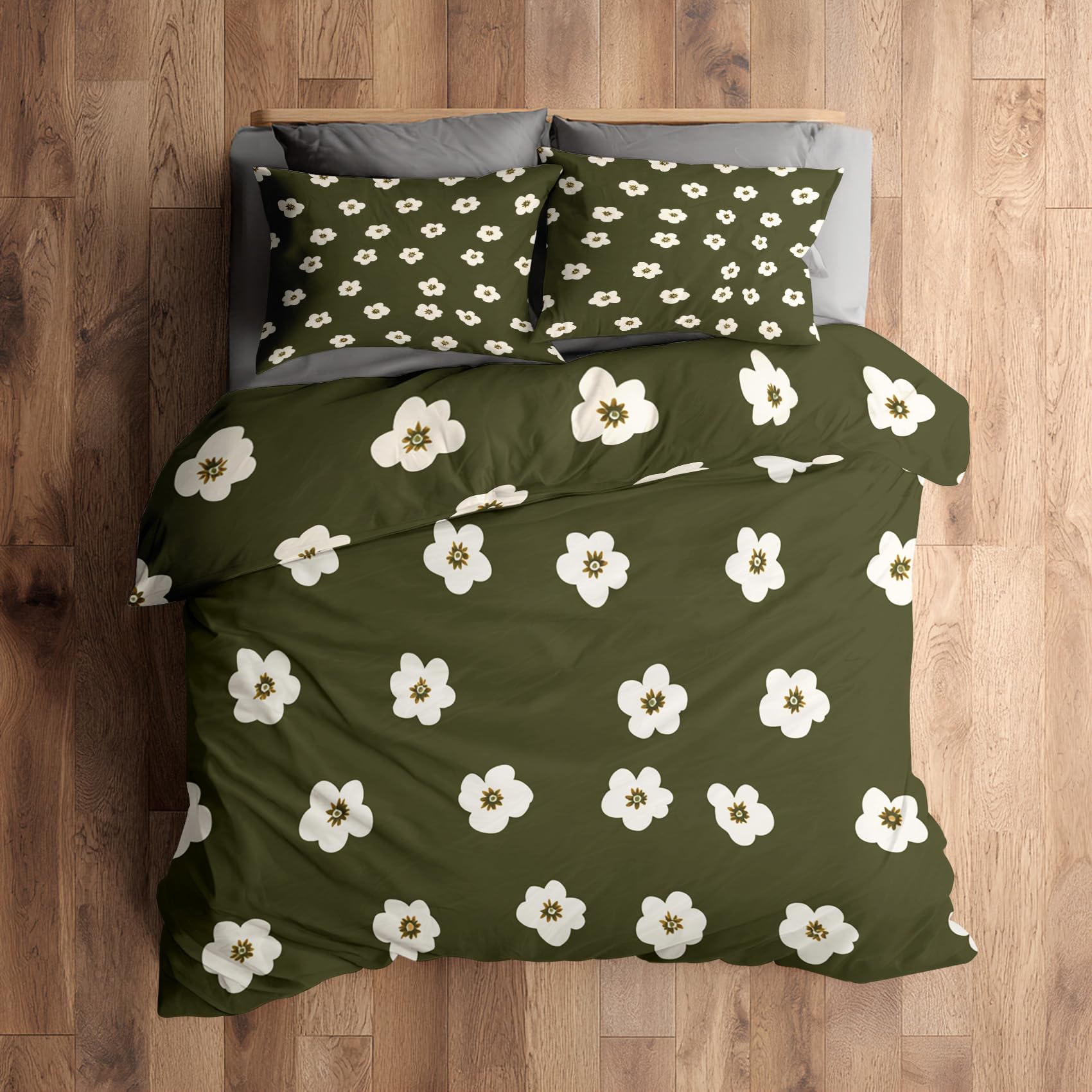 Floral Duvet Cover Sets King Size Bedding 3 Piece, Olive Green Flower Pattern Reversible Quilt Cover & 2 Pillowcases, Soft Microfiber, Zip, Bedroom Decor & Gifts(NV152)