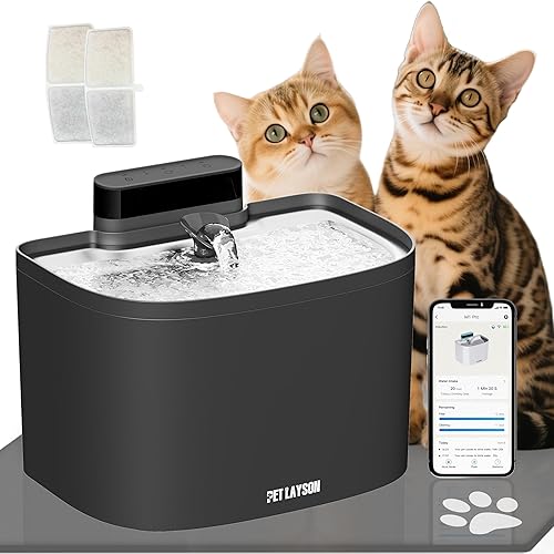 PET LAYSON - Fuente de agua para gatos sin bombas, control remoto con aplicación, batería recargable inteligente, funciona con batería, dispensador