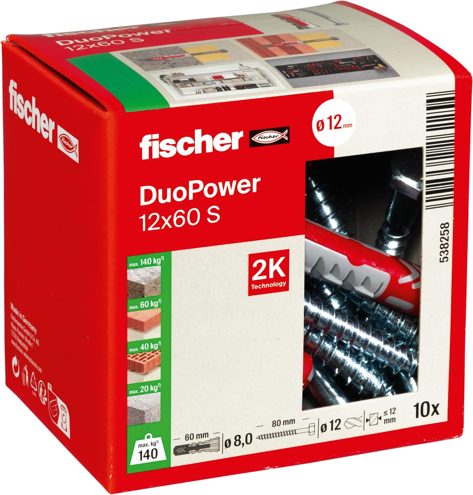 Fischer DuoPower 12 x 60 S, Powerful Universal Plug with Safety Screw, Intelligent 2-Component Technology for fastenings in Concrete, Bricks, Stone, etc., 10 Plugs & 10 Screws