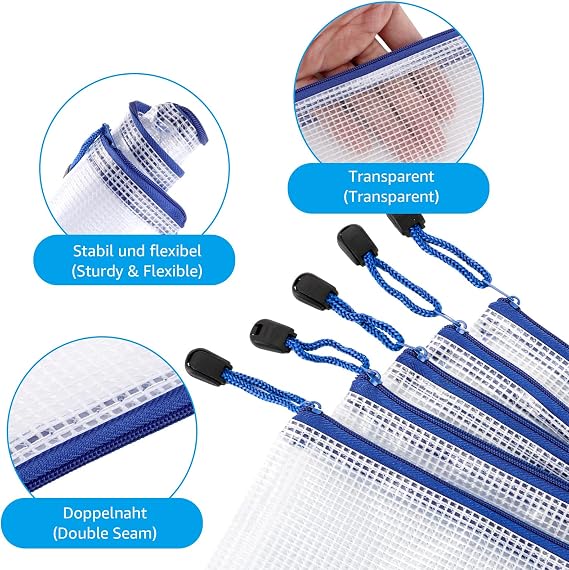 Pack of 40 Waterproof Document Wallets A4 Document Wallets A4 Blue Plastic Bag with Zip Document Folder for Paper Documents Exam Sheet Cosmetics and Travel Utensils