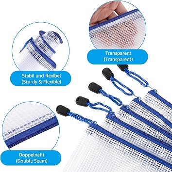 Pack of 40 Waterproof Document Wallets A4 Document Wallets A4 Blue Plastic Bag with Zip Document Folder for Paper Documents Exam Sheet Cosmetics and Travel Utensils