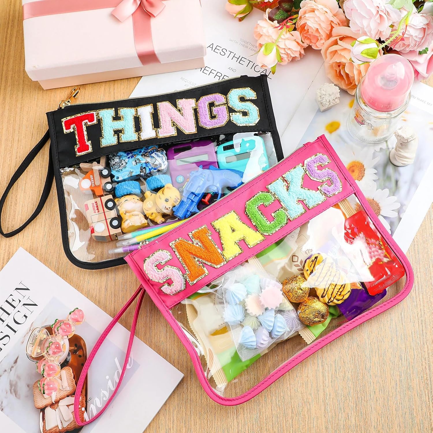 シェニール織レターバッグ フラットグリッター クリアスナックバッグ 多目的クリアメイクアップ 透明コスメティックトラベルポーチ ジッ