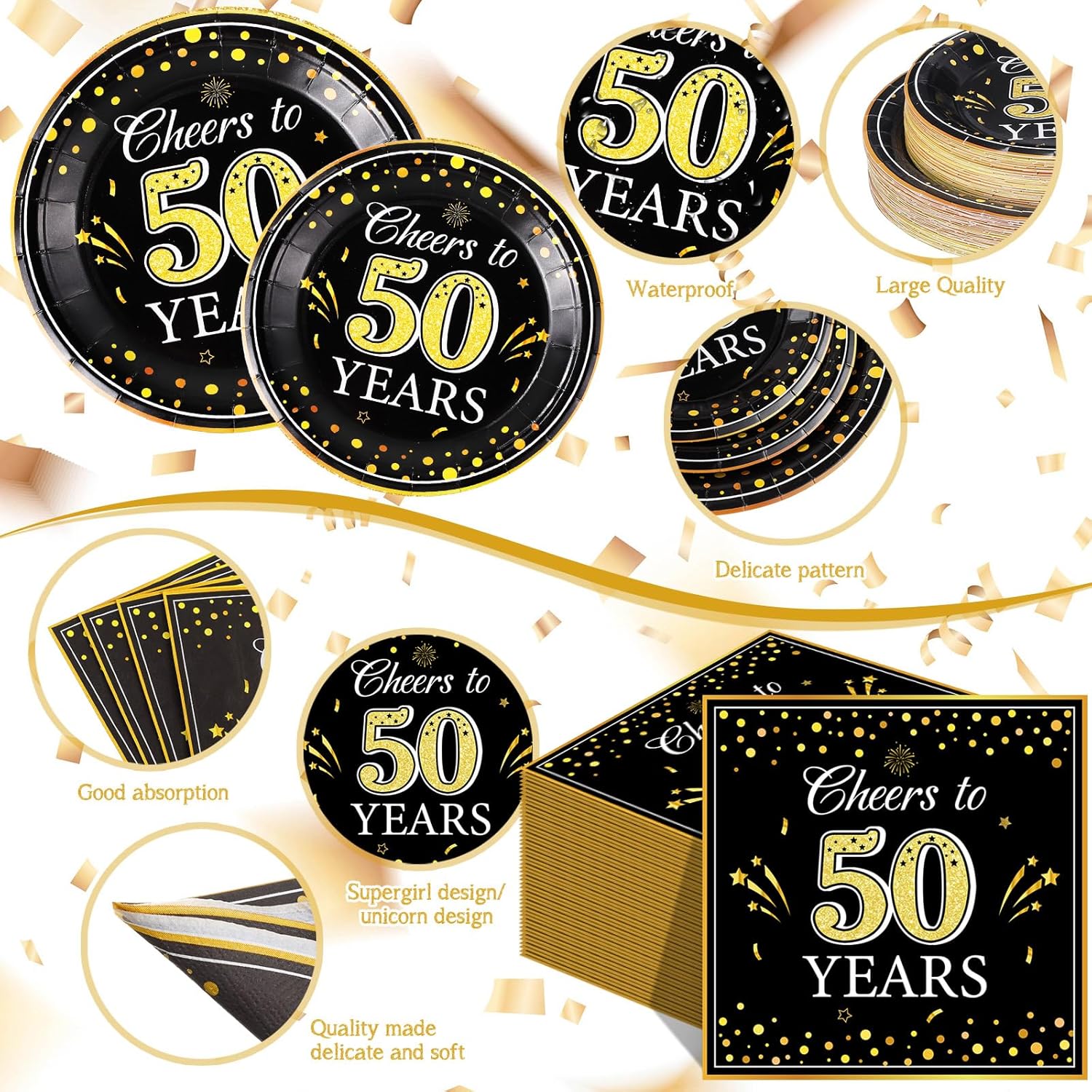 Pickmesh 250 Pcs 50th Birthday Party Supplies Decorations Serve 50 Black Gold Cheers to 50 Years Disposable Paper Plates Napkins and Cups for Women Men 50th Birthday Wedding Anniversary Party Supplies