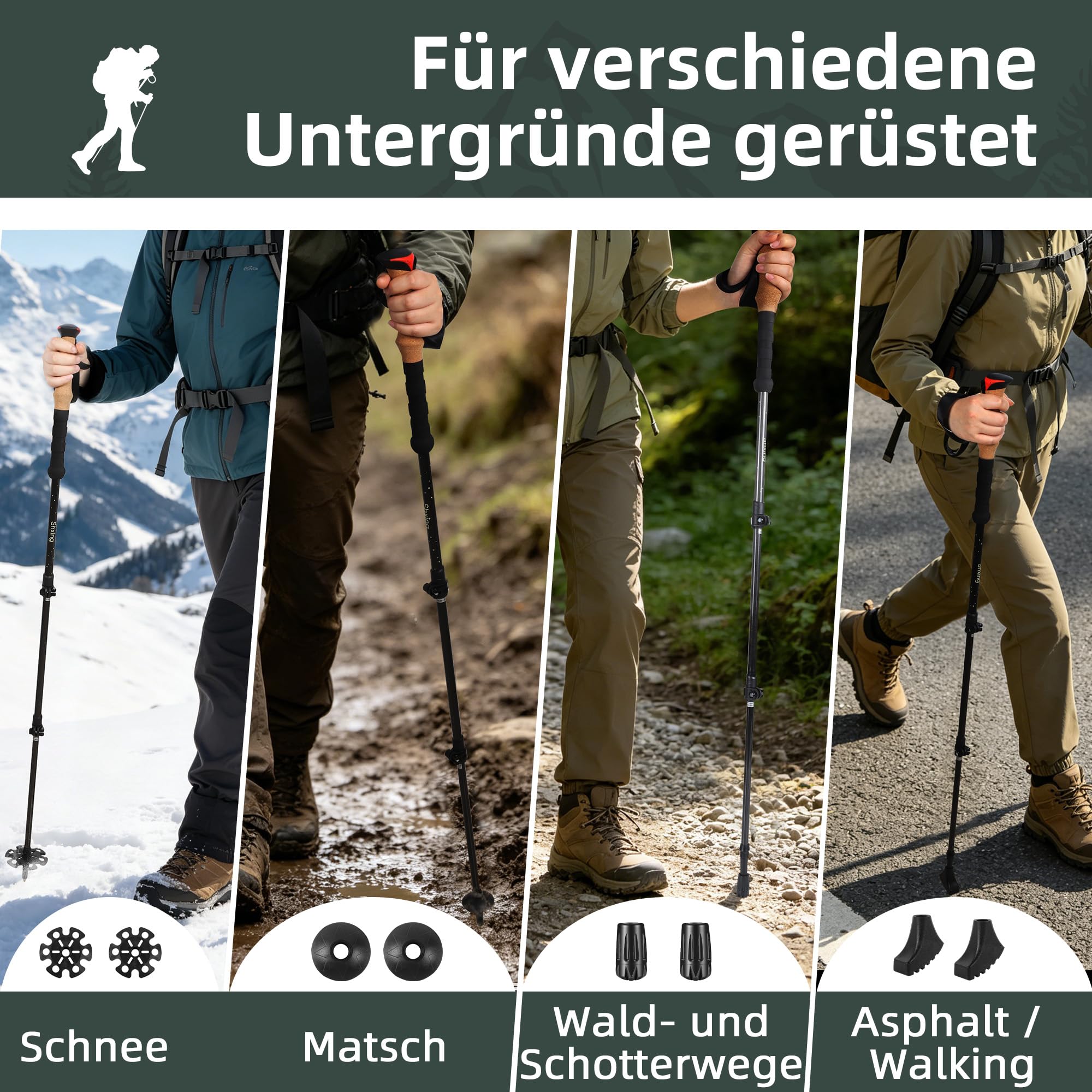 Teleskop-Wanderstöcke Carbon 2er Set, 200 g pro Stock, Schwarz | 62–135 cm verstellbar, Korkgriff mit EVA, Alu-Verschluss, Tasche & 10 Zubehörteile, für Wandern & Trekking