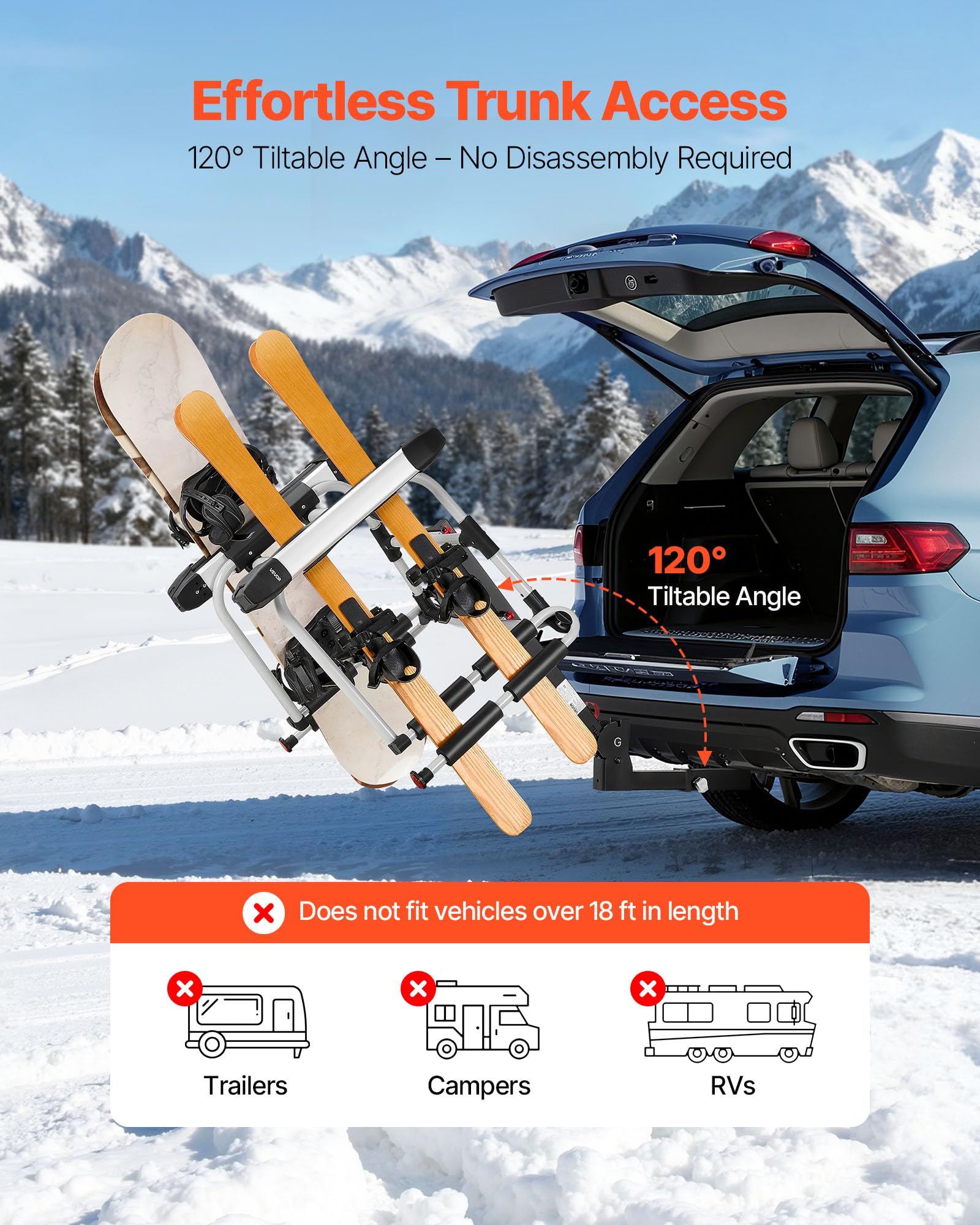 VEVOR Bagażnik dachowy na narty, snowboard, do 6 par nart/4 desek snowboardowych, zamykany bagażnik dachowy z gumową wyściółką i pasem bezpieczeństwa, uchwyt na narty, bagażnik na hak holowniczy