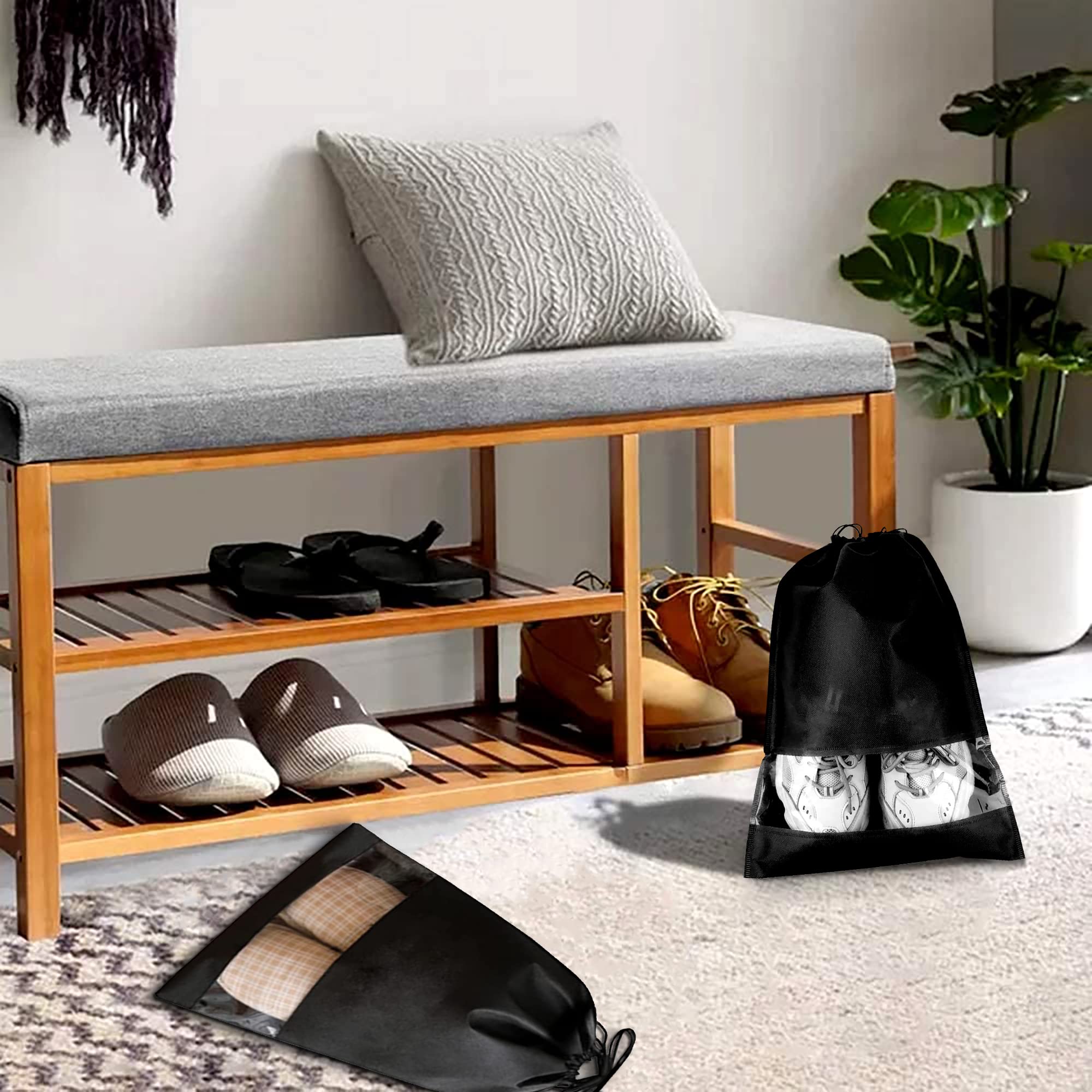 12pcs Non Tessuto Sacchetti Scarpe da viaggio Nera Impermeabile Antipolvere Sacchetti per Calzature con Finestrella Trasparente 44x32cm