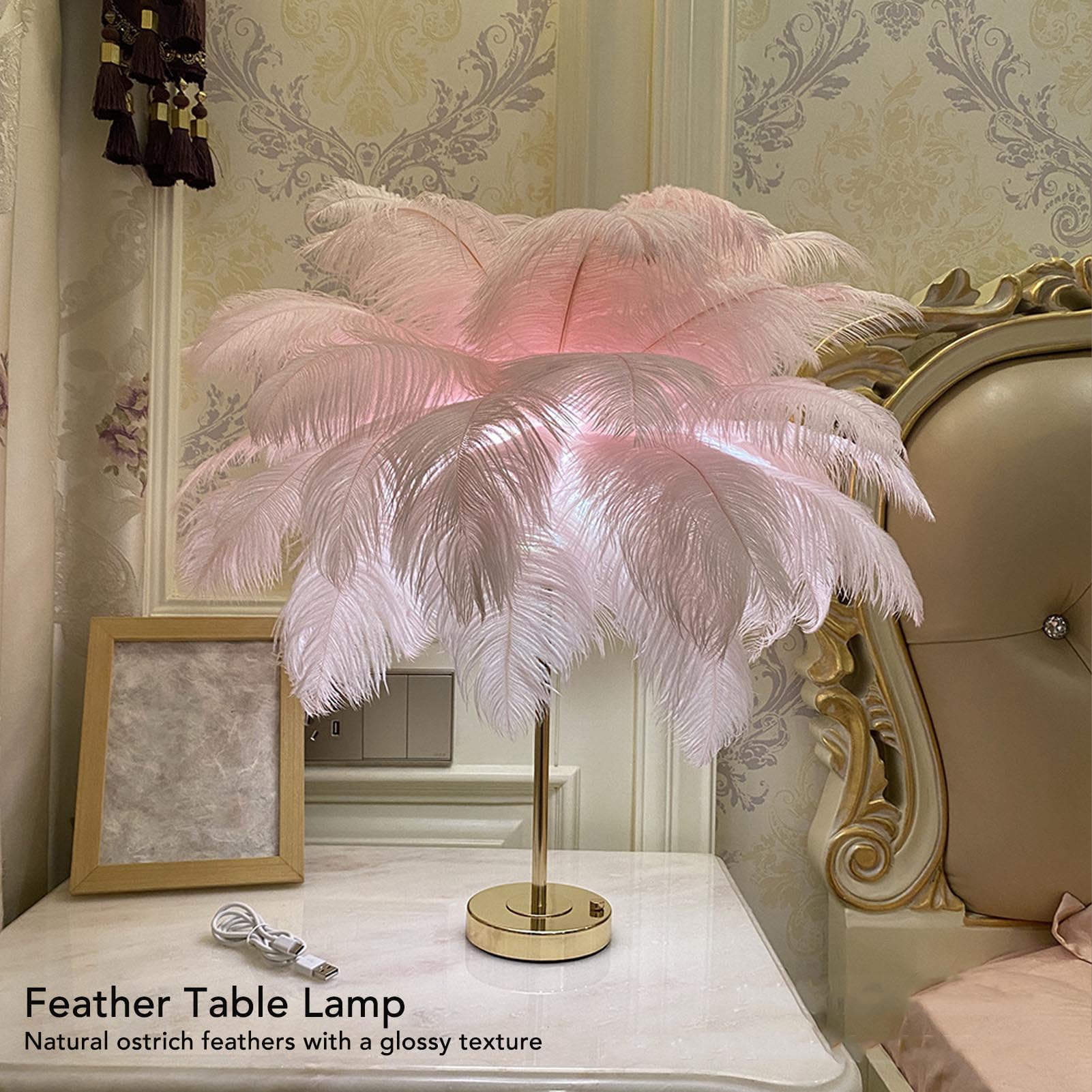 GOWENIC Lampada Da Tavolo Touch Control Con Piume Di Struzzo, 30 Pezzi