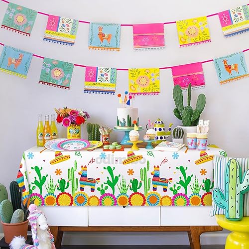 Miniatura 4 de odimibo Mantel de plástico desechable con diseño de cactus y llamas, 3 piezas, para fiesta de cumpleaños, manteles rectangulares