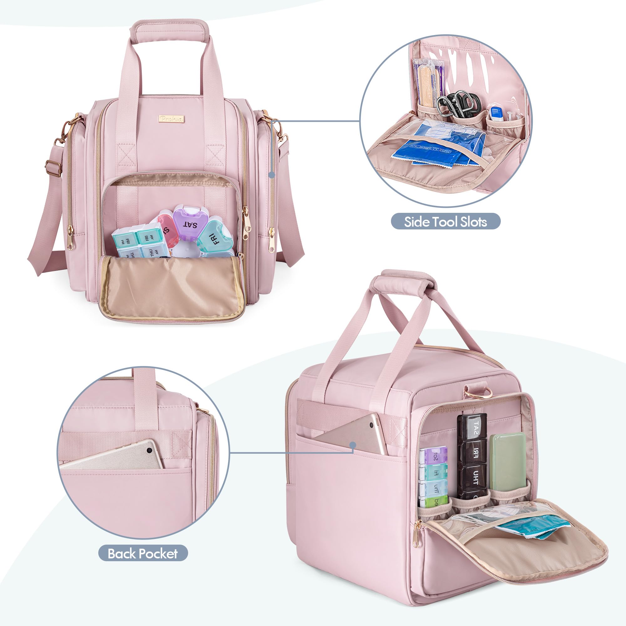 Bolsa de Almacenamiento de Medicamentos con 5 Bolsillos Extraíbles, Bolsa Organizadora de Frascos de Pastillas con Correa, Bolsa de Viaje Grande para Medicamentos y Suministros Médicos, Rosa