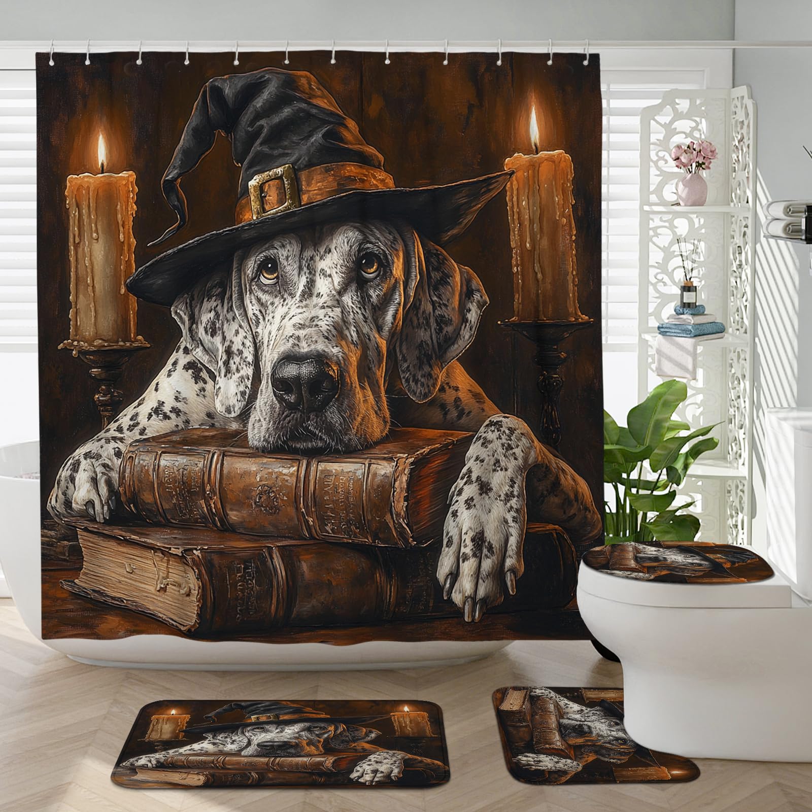 Ensemble rideau de douche étanche chien sorcier 4 pièces avec tapis de bain doux