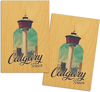 Calgary, Alberta, Canada, Calgary Tower, Lithograph, (4x6 Birch Wood Postcards, 2-Pack Stationary, Rustic Home Wall Decor)