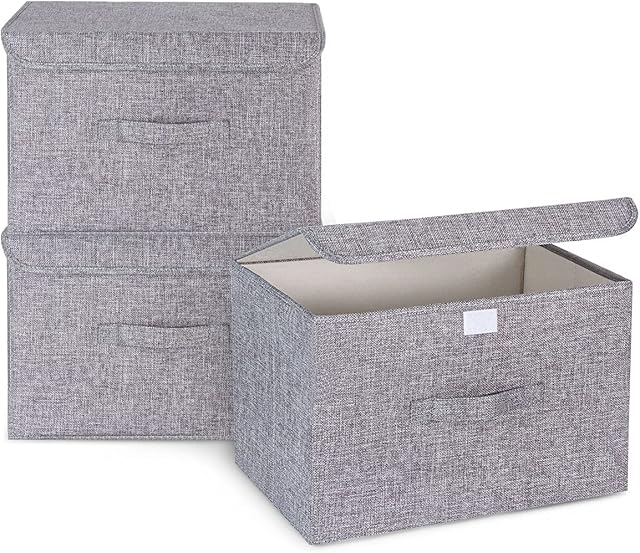 3Pcs Fabric Storage Boxes With Lids For Wardrobe Clothes Toy Foldable Linen 37*24*25cm (Grey)
