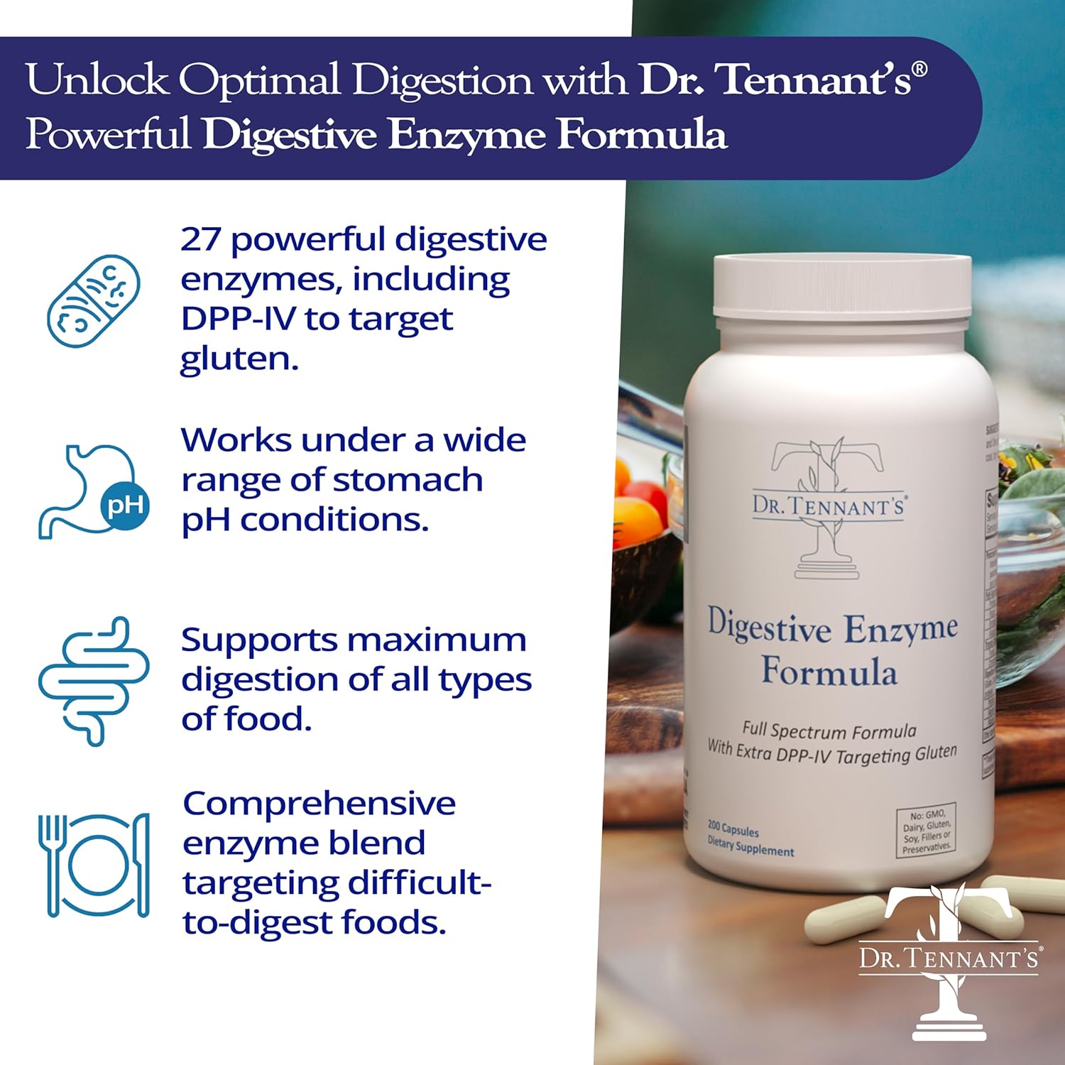 Dr. Tennant's Digestive Enzymes | Support for Large Meals & Everyday Comfort | Gut Health, Heartburn & Acid Reflux Relief | 2X DPP-IV Enzyme for Gluten Digestion | 200 Capsules - Image 5