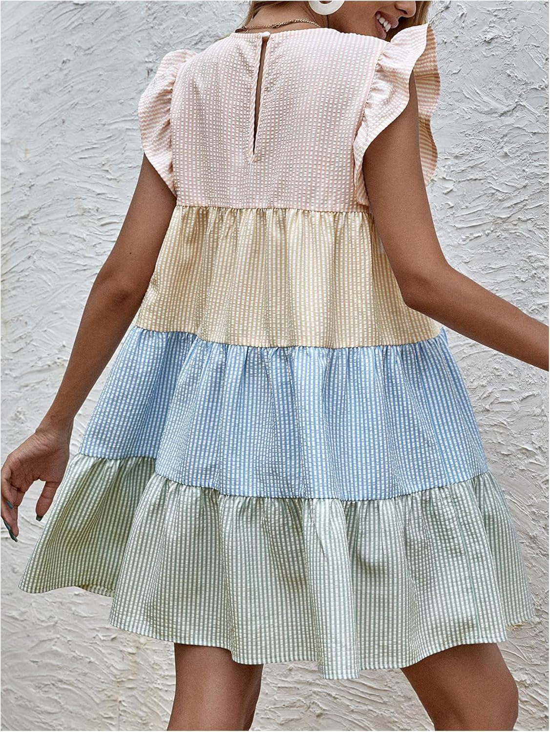 SHENHE Women's Summer Ruffle Cap Sleeve Color Block Tiered Flowy Babydoll Mini Dress Sundress - Image 3