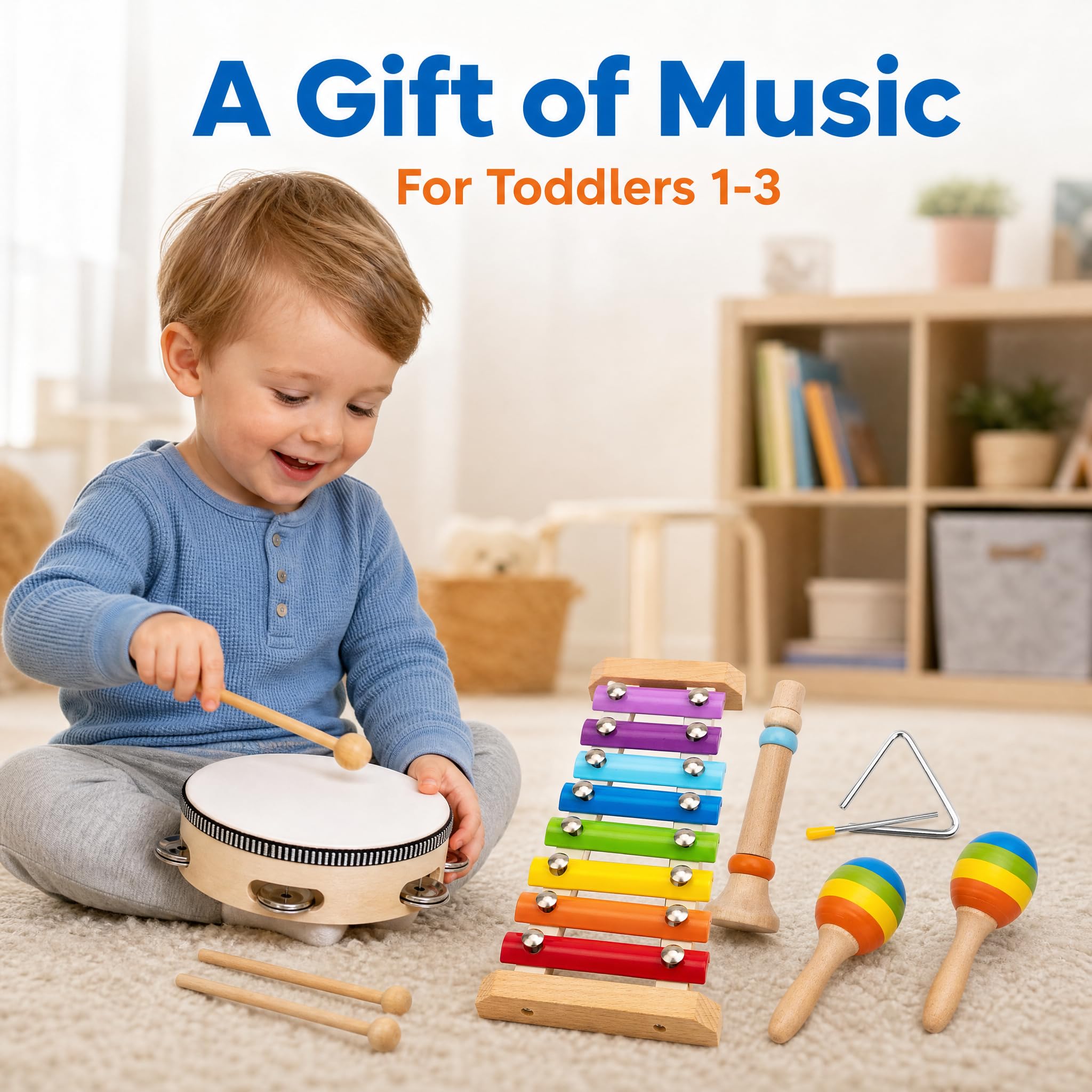 Montessori Musikinstrumente aus Holz für Kleinkinder, pädagogisches Schlagzeug für Babys mit Xylophon und Maracas und mehr, Musikspielzeug für Vorschulkinder