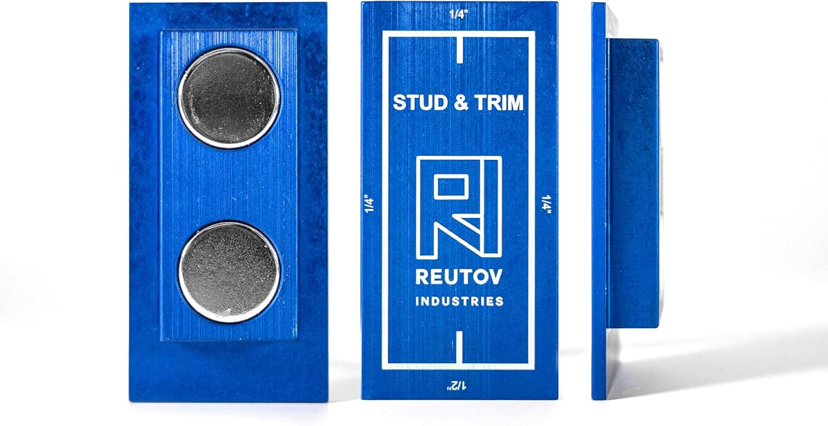 Stud and Trim, stud finder, 1/4" and 1/2" trim reveal gauge, 1/8" door gap reveal gauge, no batteries required, solid aluminum frame