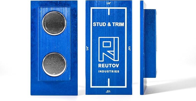 Stud and Trim, stud finder, 1/4" and 1/2" trim reveal gauge, 1/8" door gap reveal gauge, no batteries required, solid aluminum frame
