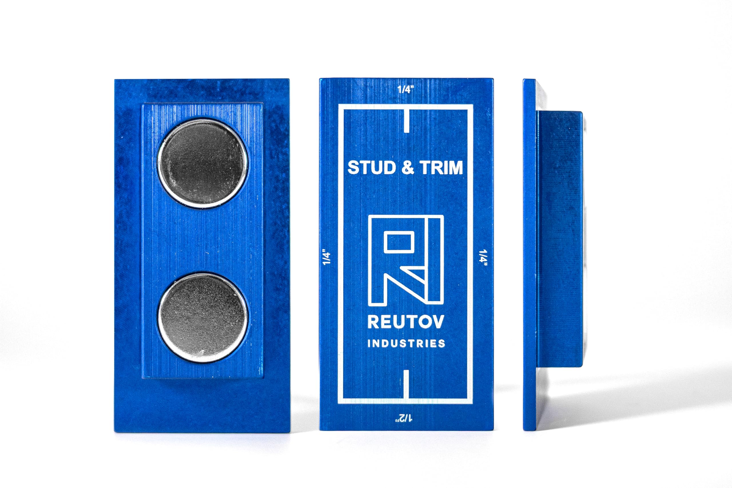 Reutov Industries Stud and Trim, stud finder, 1/4" and 1/2" trim reveal gauge, 1/8" door gap reveal gauge, no batteries required.