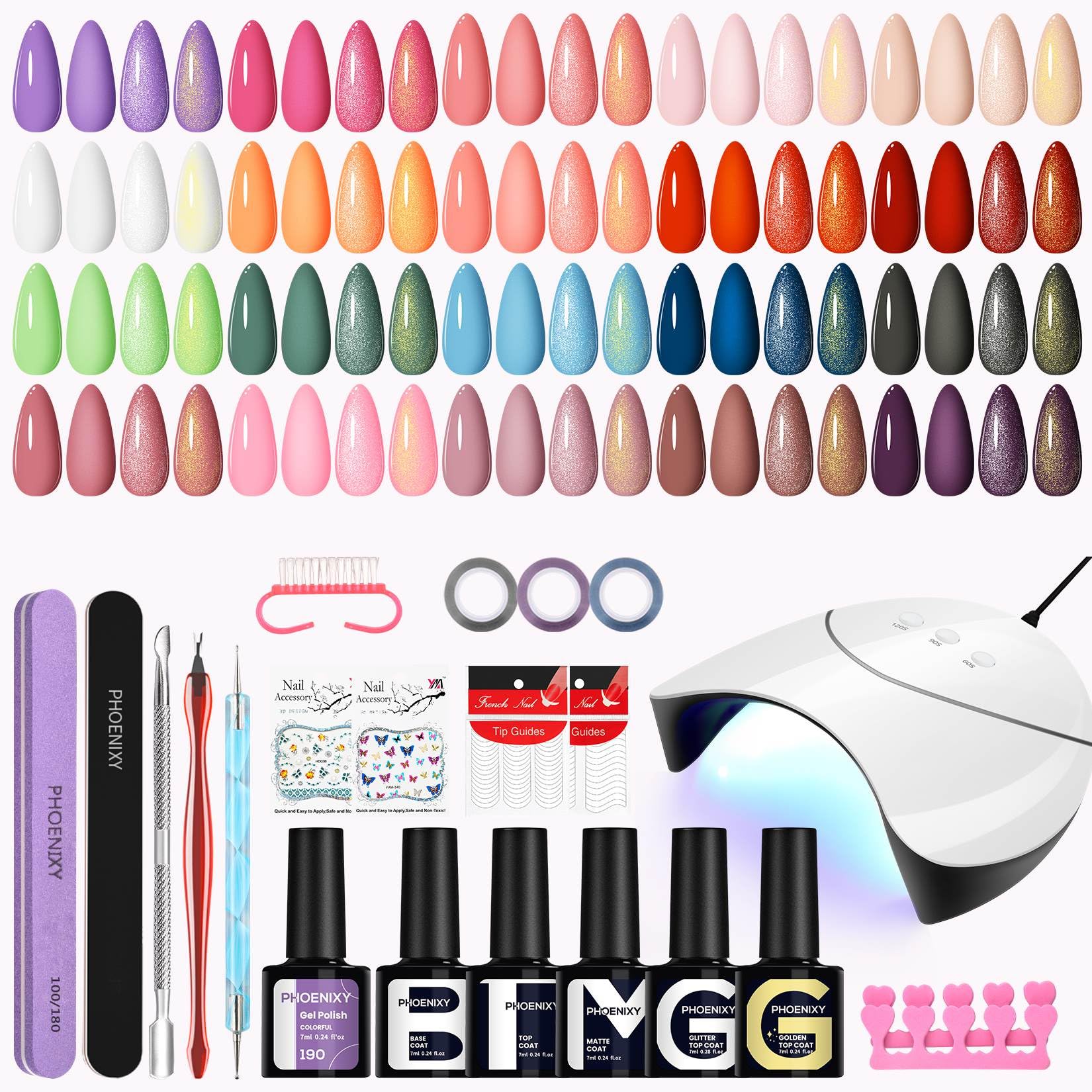 Phoenixy Kit Semipermanente Unghie 20 Colori Kit Unghie Gel Completo con Base e Top Coat Semipermanente Unghie 36W U V/LED Lampada Set Unghie per Principianti