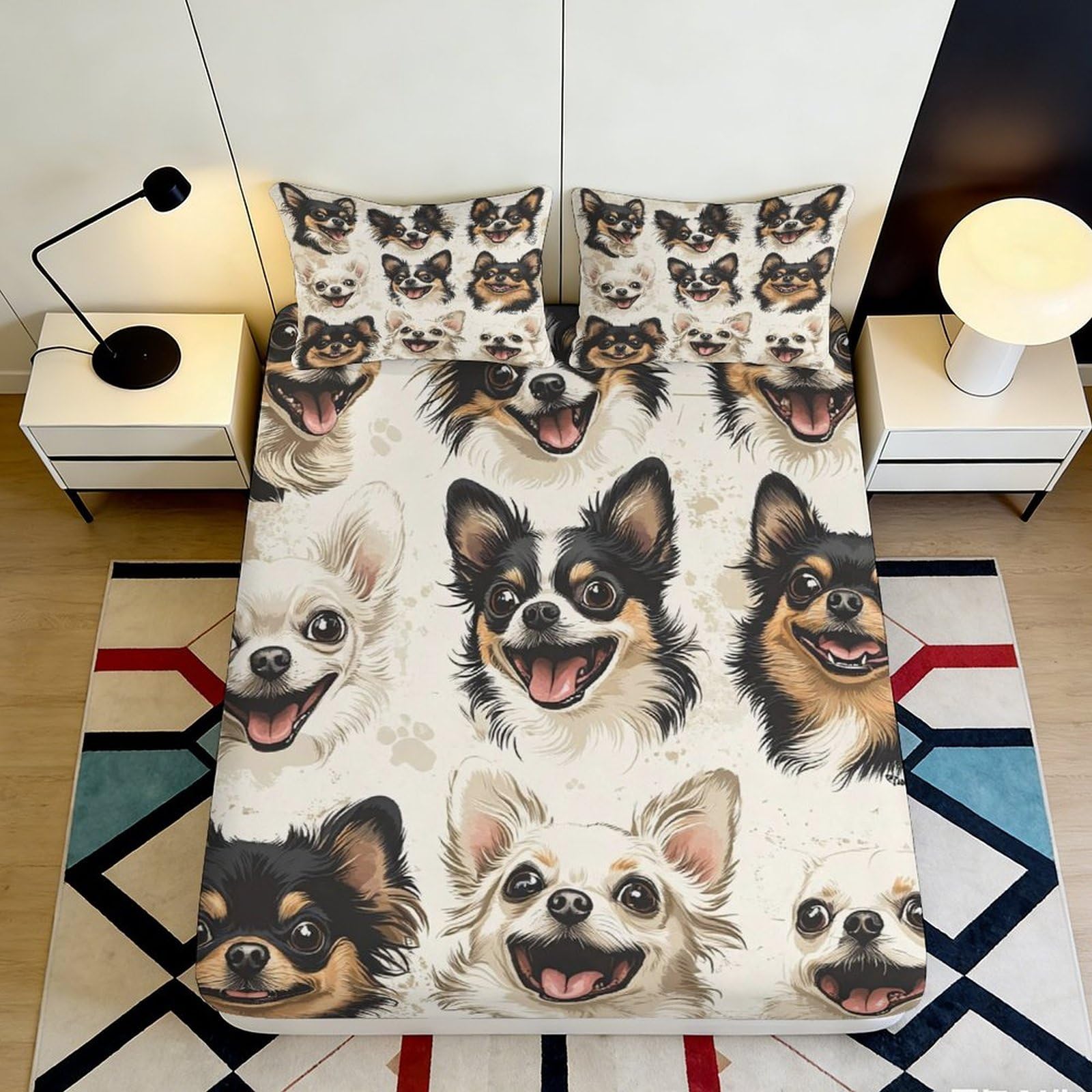 3D Printed Chihuahua Dog Pattern Fitted Sheet Microfiber Soft Breathable Puppy Bed Cover for Bedroom Guest Room Decor 90x200x25cm