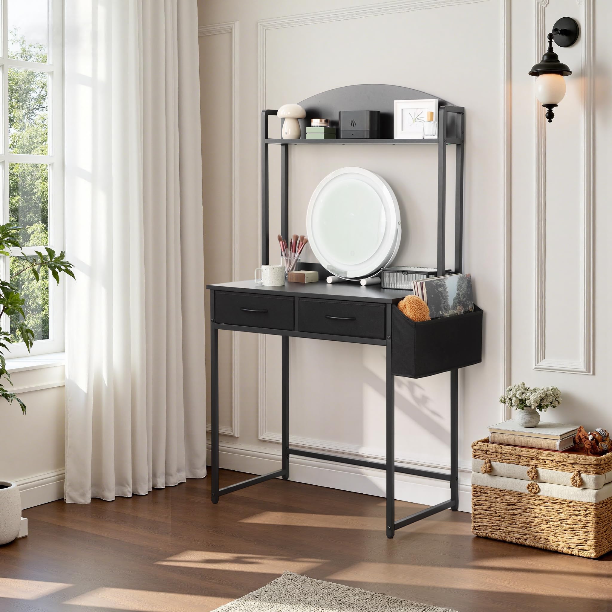 KATHY&BOB Freestanding Ladder Desk with Power Outlets, Home Office Study Reading Desk with 2 Fabric Drawers and Side Bag, Open Shelf Computer Gaming