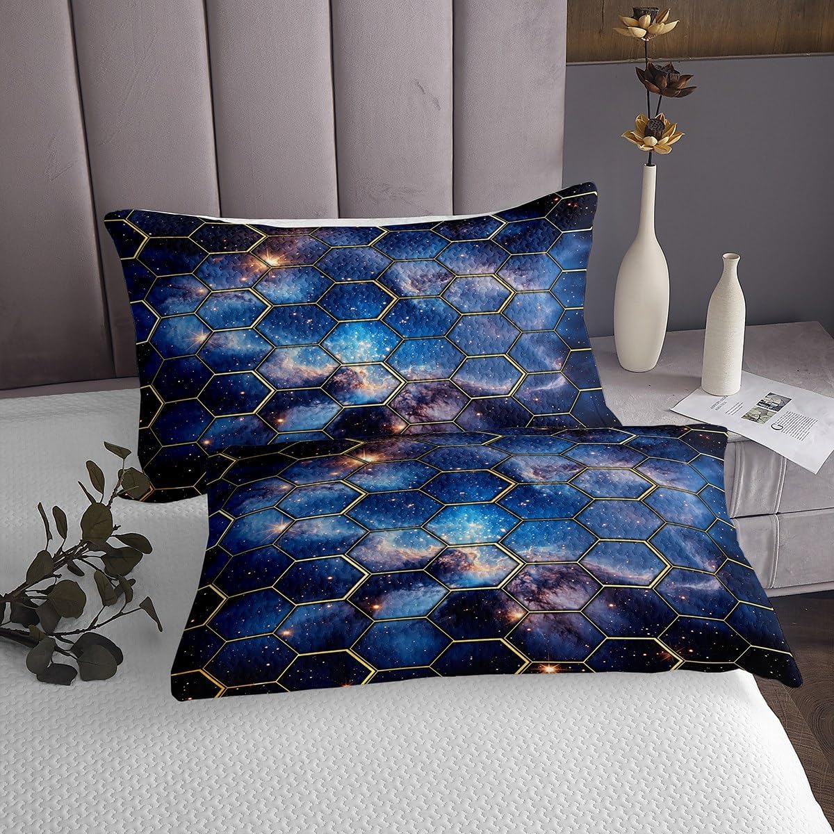 Abstract Honeycomb Kids Bedspread Twin Size,Glitter Stars Galaxy Outer Space Coverlet Set,Boys Girls Room Decor,Geometric Minimalist Hexagon Quilted Coverlet,Blue Bedding Quilt,1 Pillowcase