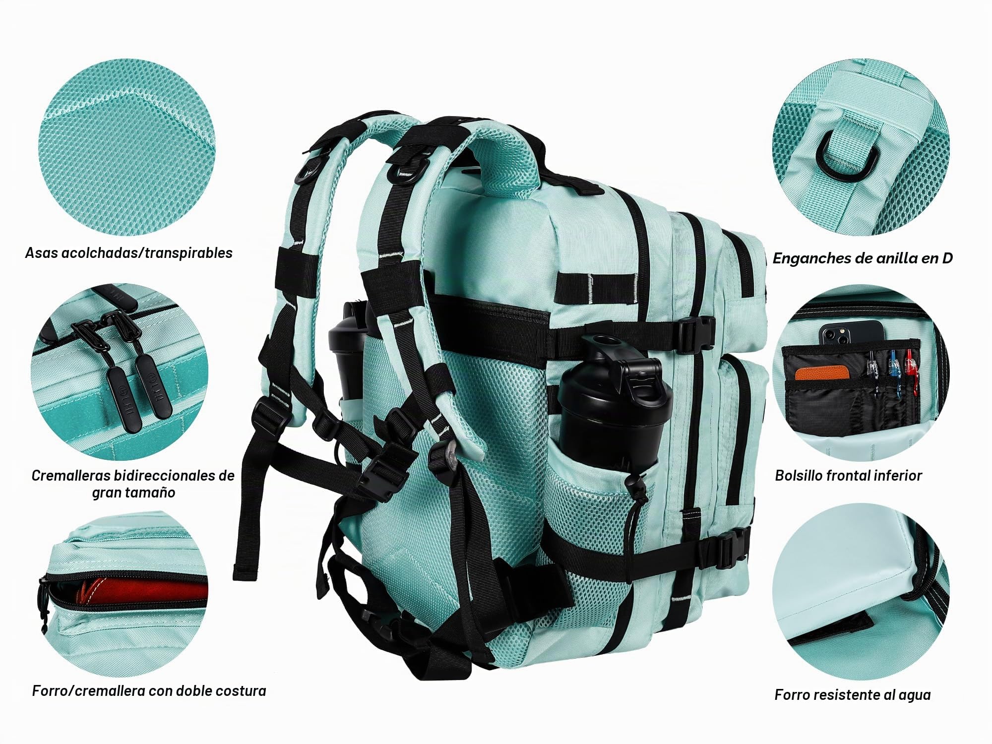 LHI Mochila táctica militar para hombres y mujeres, 25 L/35 L, mochila pequeña con soporte para botellas, M
