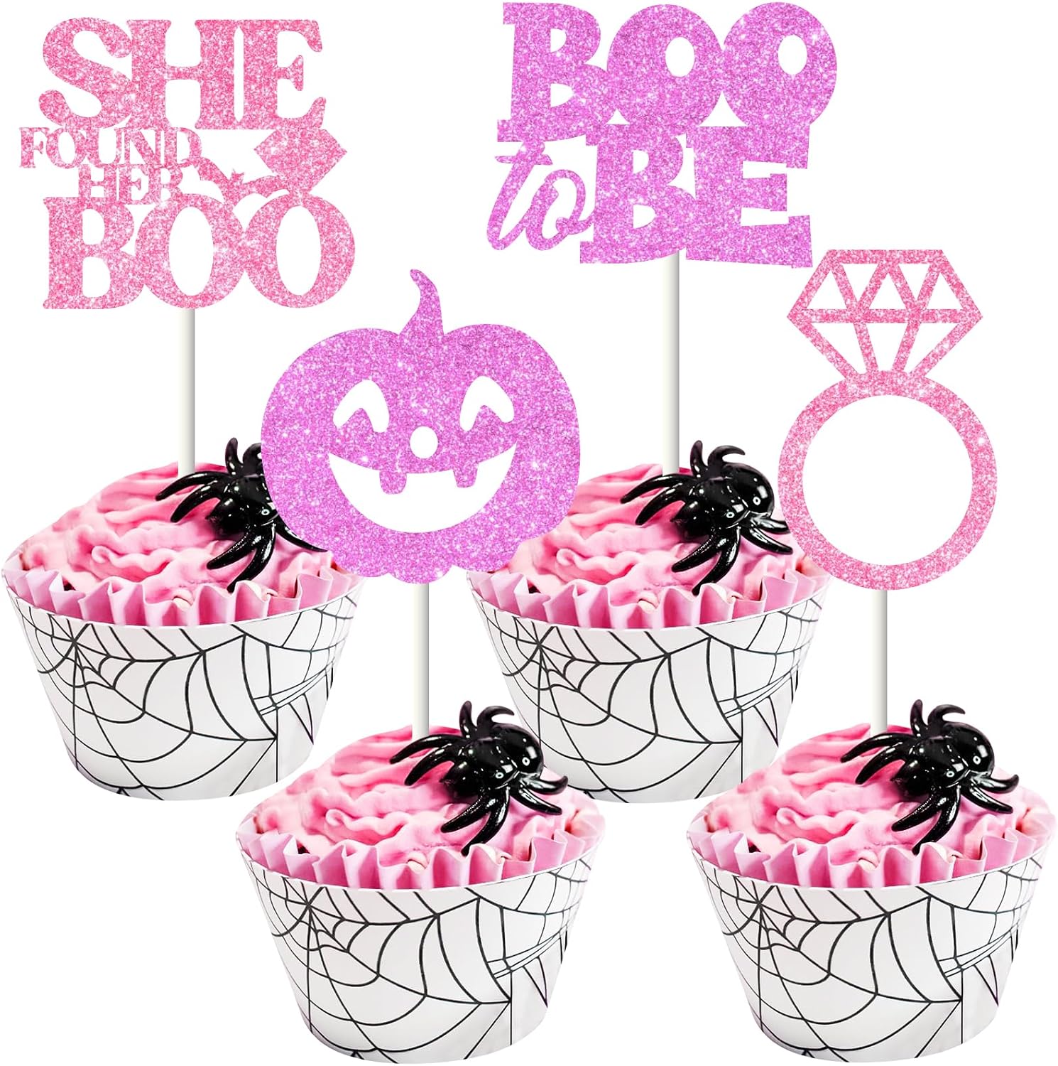 36 Pcs Halloween Bachelorette Cupcake Toppers Pink Purple - She Found Her Boo Bridal Shower Decorations, Boo to Be Cake Decorations for Engagement Party