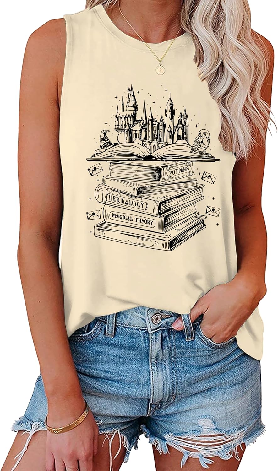Cute Book Graphic Tshirts for Women Flourish and Blotts Tank Tops Wizard Magical Costume Clothes