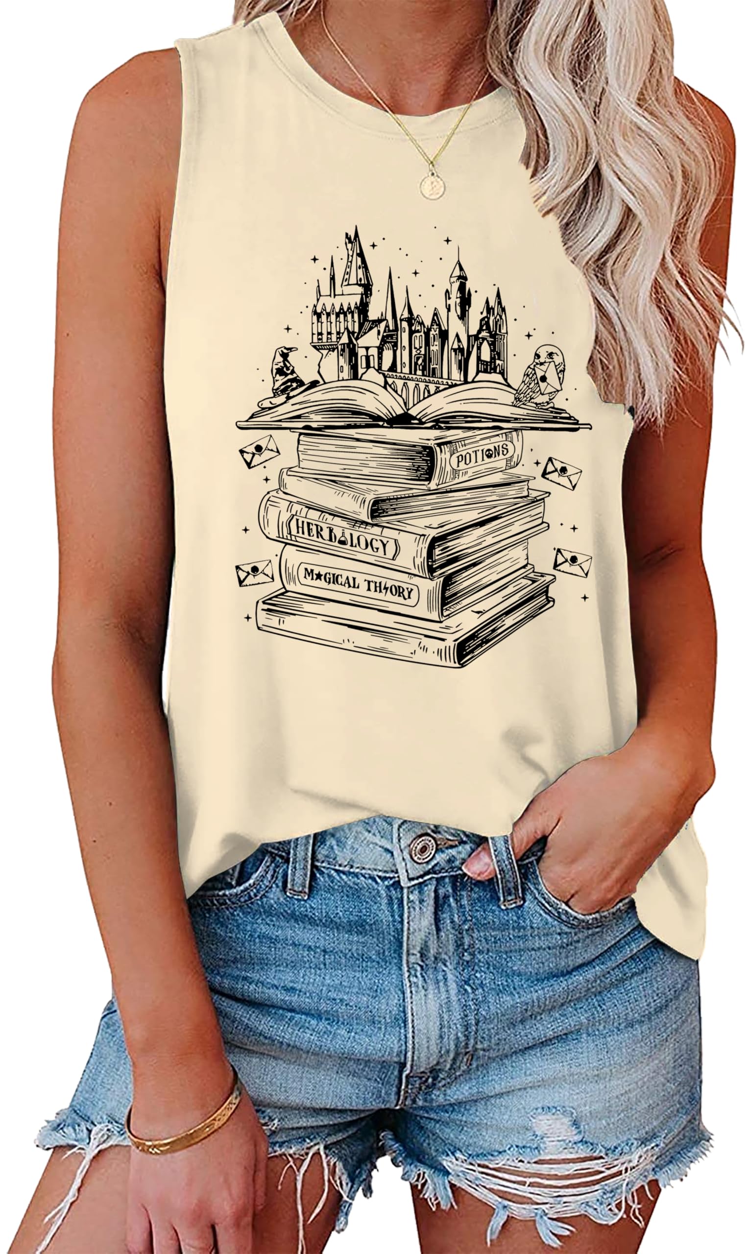 Tewmeu Flourish and Blotts - Camisetas sin mangas con diseño de libro para mujer, ropa de disfraz mágico de mago