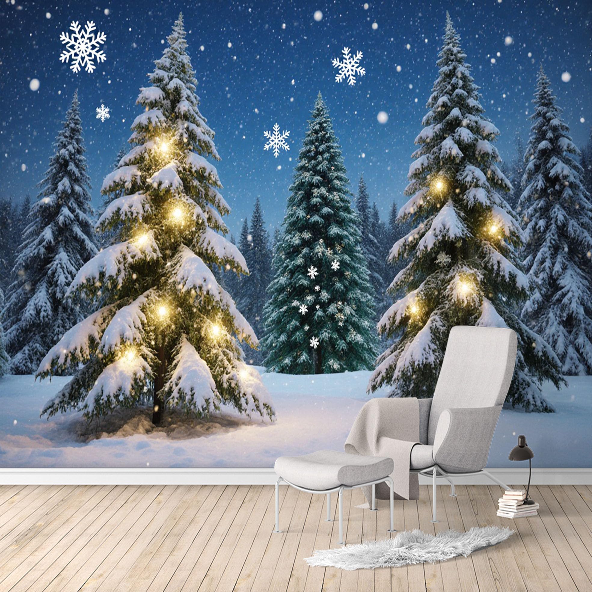 Custom Size Wall Murals, Snowy Green Forest Winter Light Scenery, Removable Self Adhesive Large Wallpaper Mural for Living Room Bedroom Office Home Decor